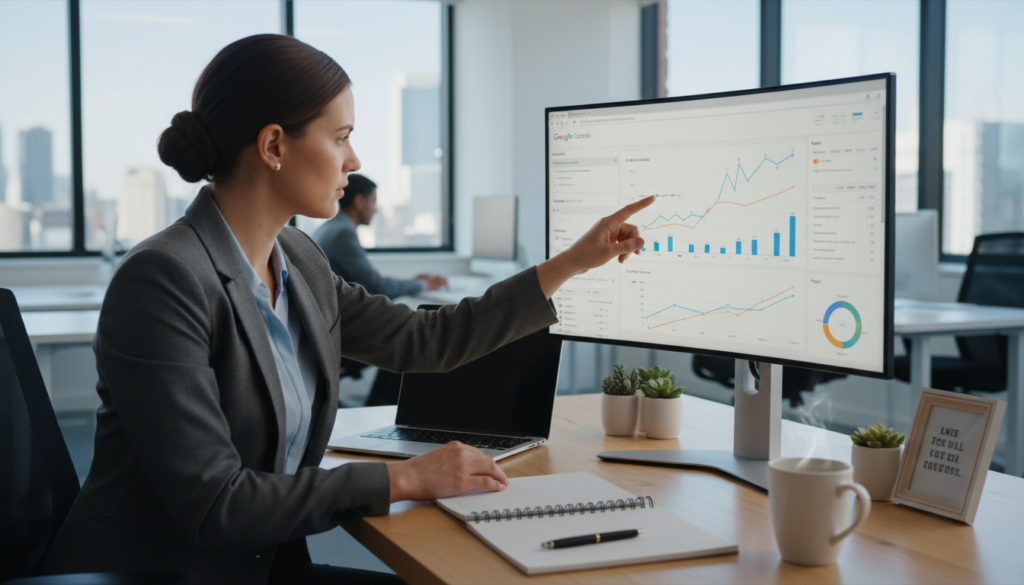 Fiatal hölgy elemzi az éttermi marketing jelentéseket egy monitor előtt. A helyi keresőoptimalizálás éttermeknek szóló havi adatfelülvizsgálata és a Search Console teljesítmény grafikonjainak kiértékelése.