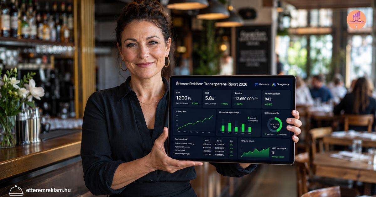 Realisztikus kép egy étteremtulajdonosról, aki büszkén mutatja az ÉtteremReklám 2026-os transzparens étterem marketing dashboardját a sikeres éttermében. A tableten növekedést mutató zöld grafikonok, ROI és CPA mutatók láthatók.