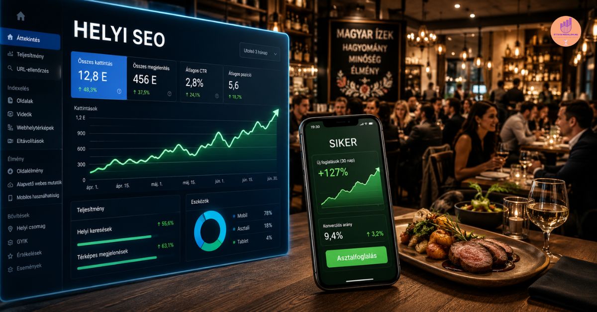 Kétrészes grafika egy prémium étterem megtelt vendégteréről és a háttérben futó Google Search Console elemző szoftver zöld növekedési grafikonjairól, a helyi keresőoptimalizálás éttermeknek szóló esettanulmányában.