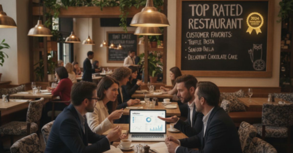 Üzletemberek és egy étteremvezető nő egy laptopon látható TripAdvisor SEO elemzési statisztikákat beszélnek meg egy elegáns, forgalmas étteremben, ahol a háttérben egy Top Rated Restaurant feliratú tábla és egy 2024-es Travellers' Choice TripAdvisor kitüntetés látható.