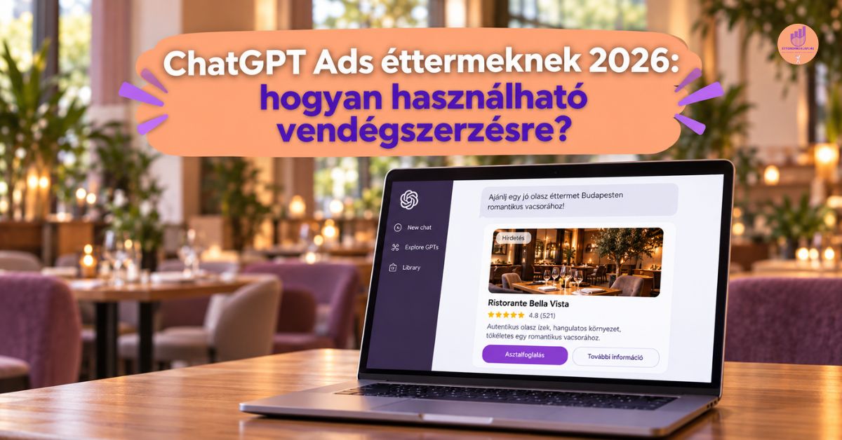 ChatGPT-hirdetés-éttermeknek-2026_kiemeltkép ChatGPT Ads éttermeknek 2026 – éttermi hirdetés megjelenése laptopon, vendégszerzési kampány szemléltetéssel